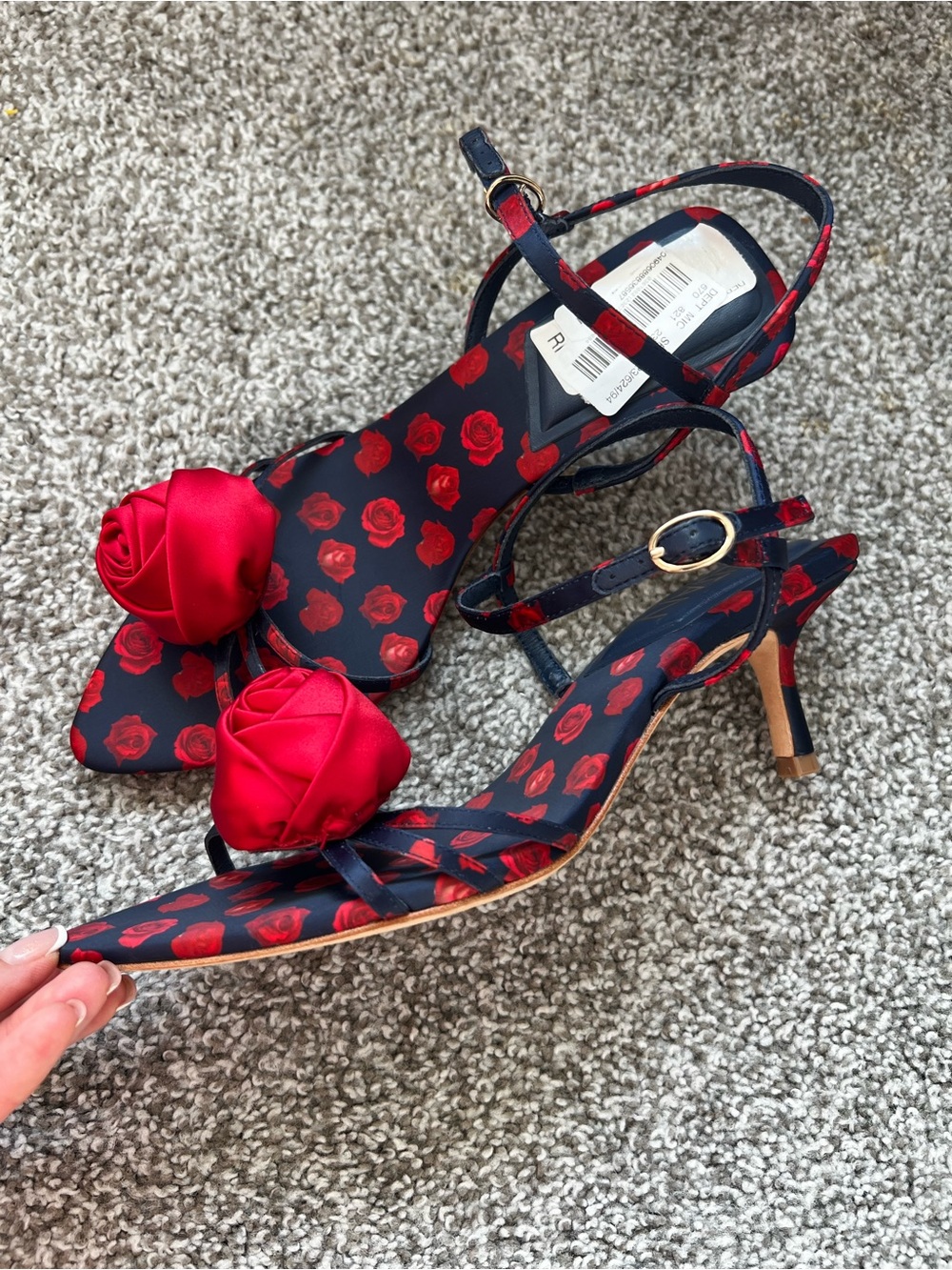 Leitan Women's Red Rose-Print Satin Strap Heels with Rose Accent